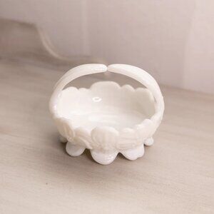 Vintage Small White Milk Glass Glass Handled Floral Basket Dish